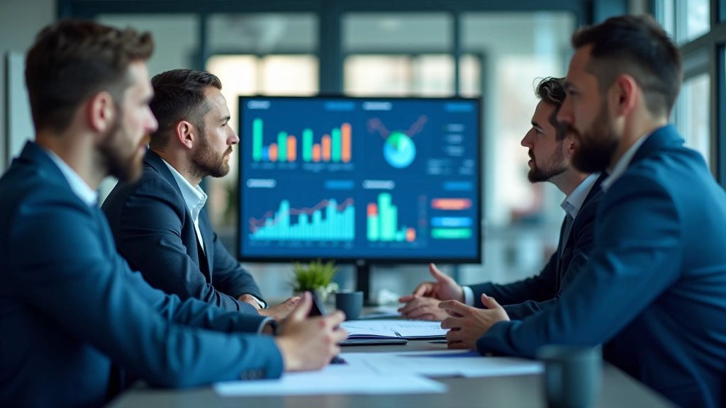 Firemní zasedání s týmem analyzujícím grafy a data na monitoru, pracovní atmosféra, denní osvětlení