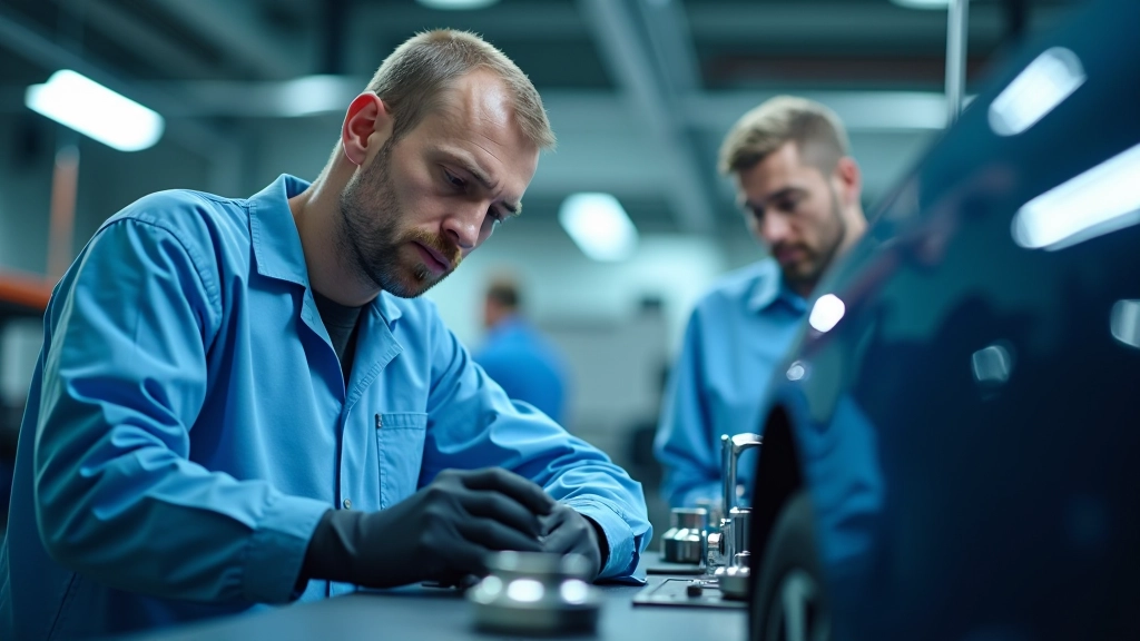 Inženýři pracují na vývoji elektromobilního systému v moderní laboratoři