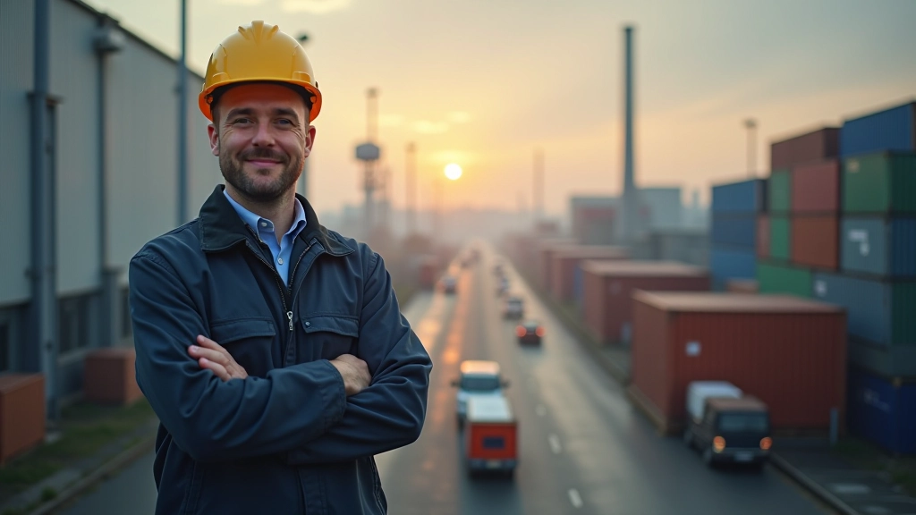 Průmyslová zóna s fabrikami a sklady v Německu, ranní světlo, ostré detaily