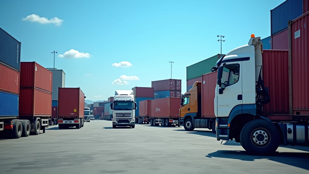Logistické centrum s kontejnery a nákladními vozidly připravenými k přepravě