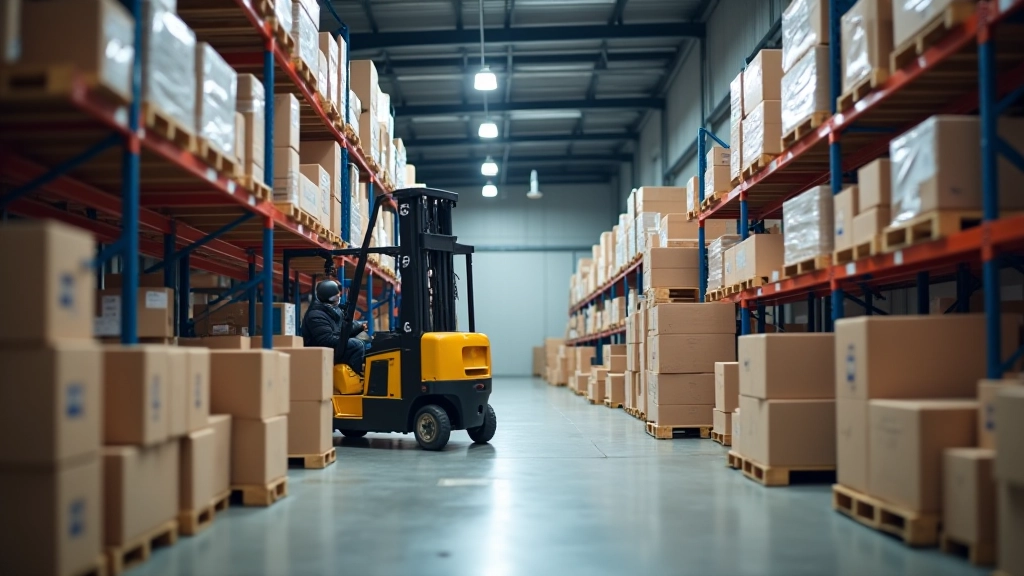 Logistické centrum s paletami exportovaného zboží a manipulačními vozíky