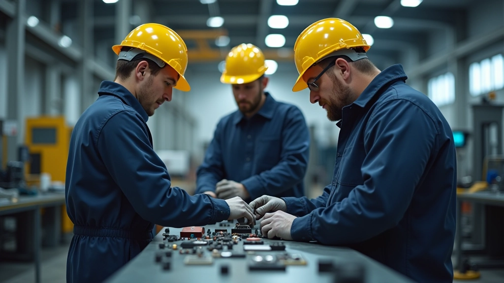 Tým inženýrů v továrně zkoumá součástky na pracovním stole s měřícím zařízením a schématy