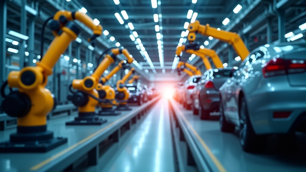 Moderní automobilová továrna s robotickými rameny a vozidly na výrobní lince