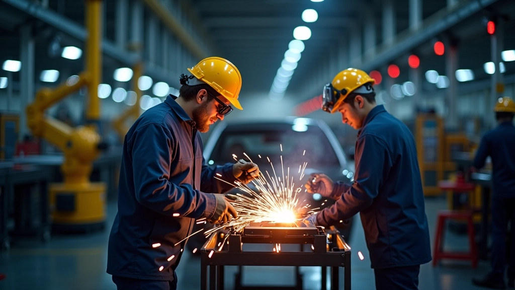 Moderní automobilový závod s robotickými rameny a výrobní linkou