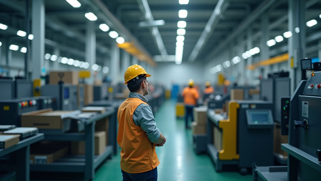 Moderní strojírenský závod s výrobními zařízeními a techniky