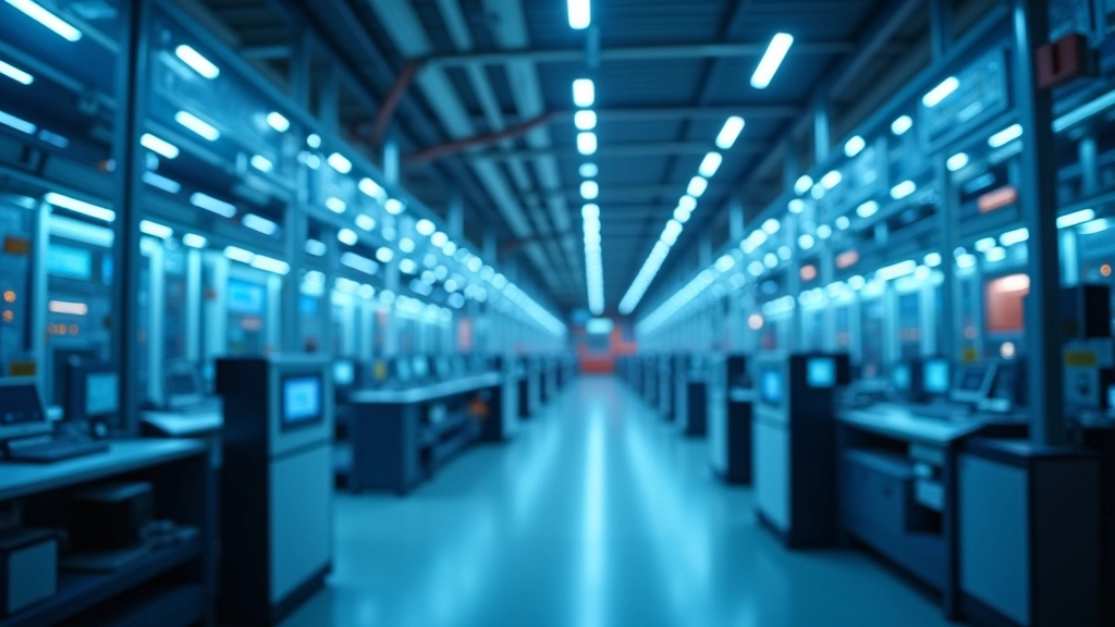 Moderní elektrifikované výrobní zařízení s technickými schématy a LED indikátory