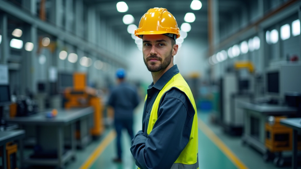 Průmyslová továrna s výrobními zařízeními a zaměstnanci v pracovních helmách