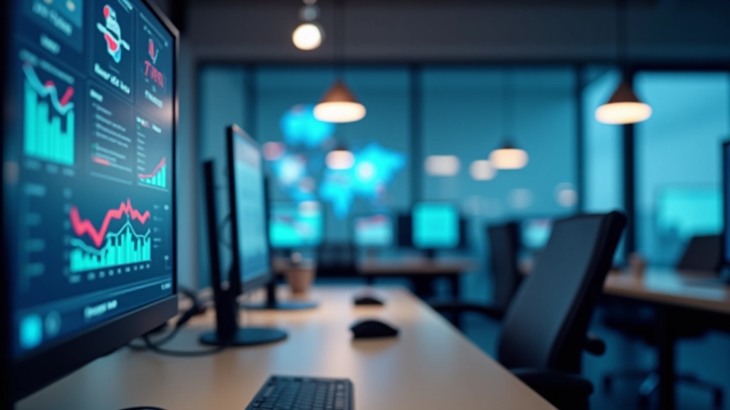 Moderní kancelářský prostor s počítači a statistikami na stěnách, profesionální osvětlení, ostré detaily